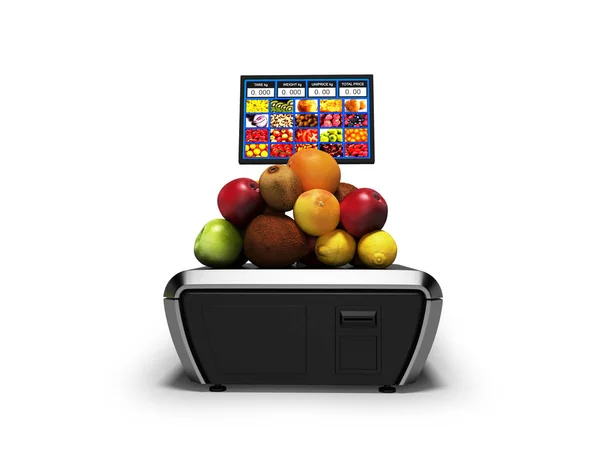 Balanças Cinza Para Frutas Diferentes Supermercado Com Preço Renderização Fundo — Fotografia de Stock