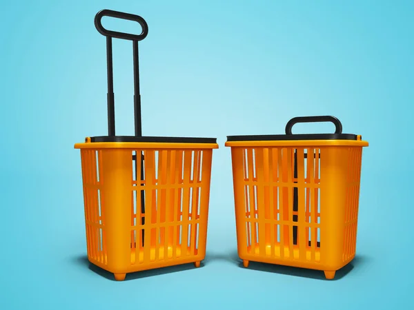 Oranžový Plast Dva Košíky Kupovat Supermarketu Render Modré Pozadí Stínem — Stock fotografie
