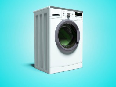 Mavi çamaşır makinesi aile için çamaşır için 3d render gölge ile mavi arka plan üzerinde