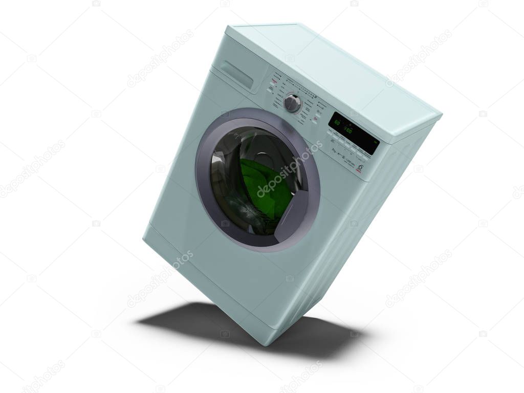 Blue washing machine is washing clothes 3d render on white background with shadow