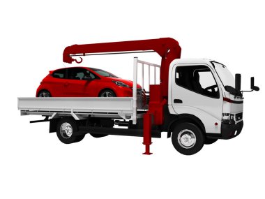 Small white tow truck with red passenger car 3d render on white background no shadow clipart