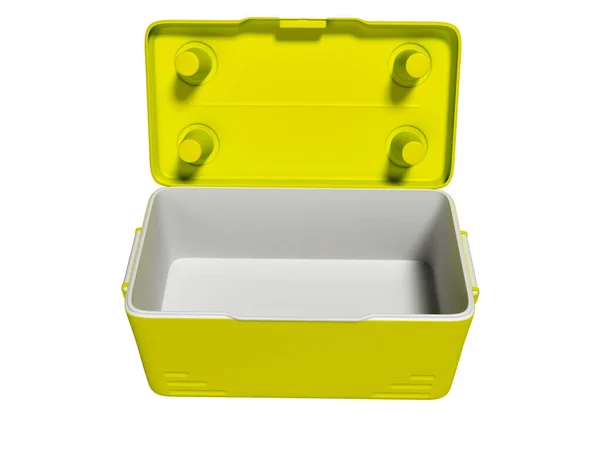 Amarelo Aberto Refrigerador Portátil Para Bebidas Praia Render Fundo Branco — Fotografia de Stock