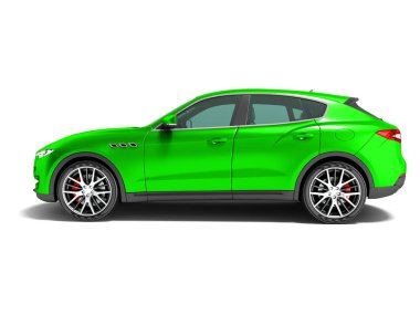Modern yeşil araba crossover için iş gezileri yan görünümü 3d render gölge beyaz zemin üzerine
