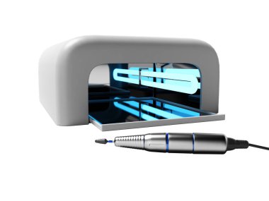 Gri ultraviyole lamba kurutma jel için Lehçe ve oje beyaz arka plan üzerinde eller 3d render üzerinde hiçbir gölge kaldırmak için makine bur