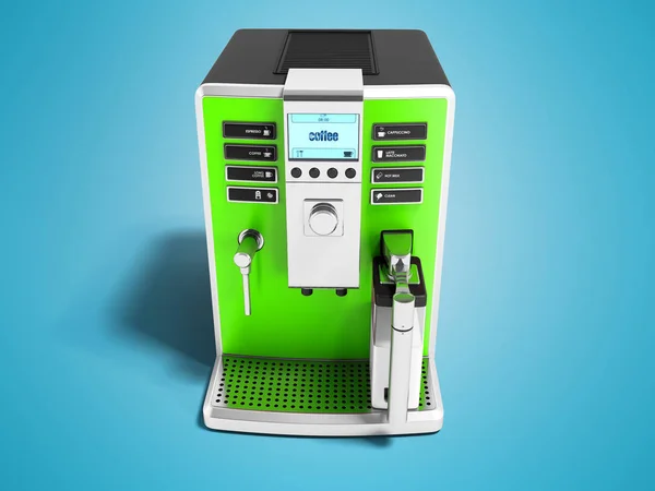 Modern green coffee machine with milk dispenser on one cup front view 3d render on blue background white shadow