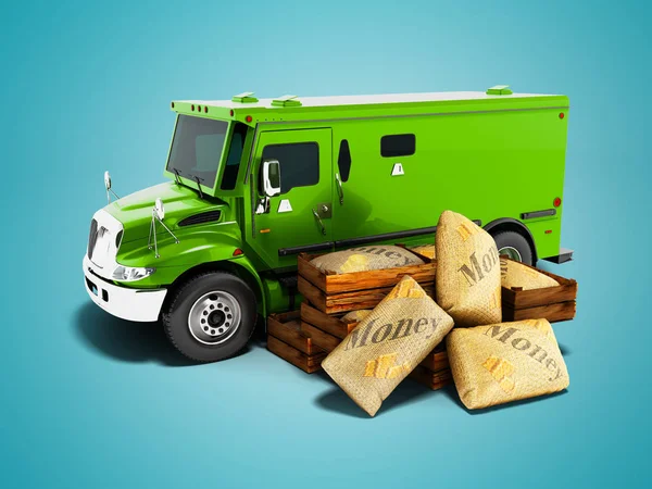 Moderna Gröna Bepansrad Lastbil För Att Bära Pengar Påsar Render — Stockfoto