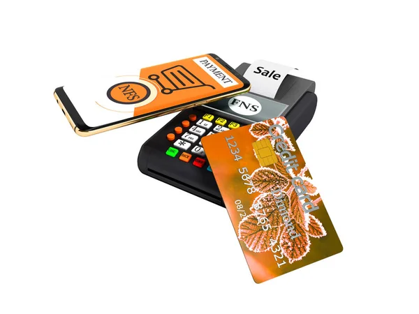 Nfs Pagamento Telefono Con Carta Credito Arancione Sulla Carta Pagamento — Foto Stock