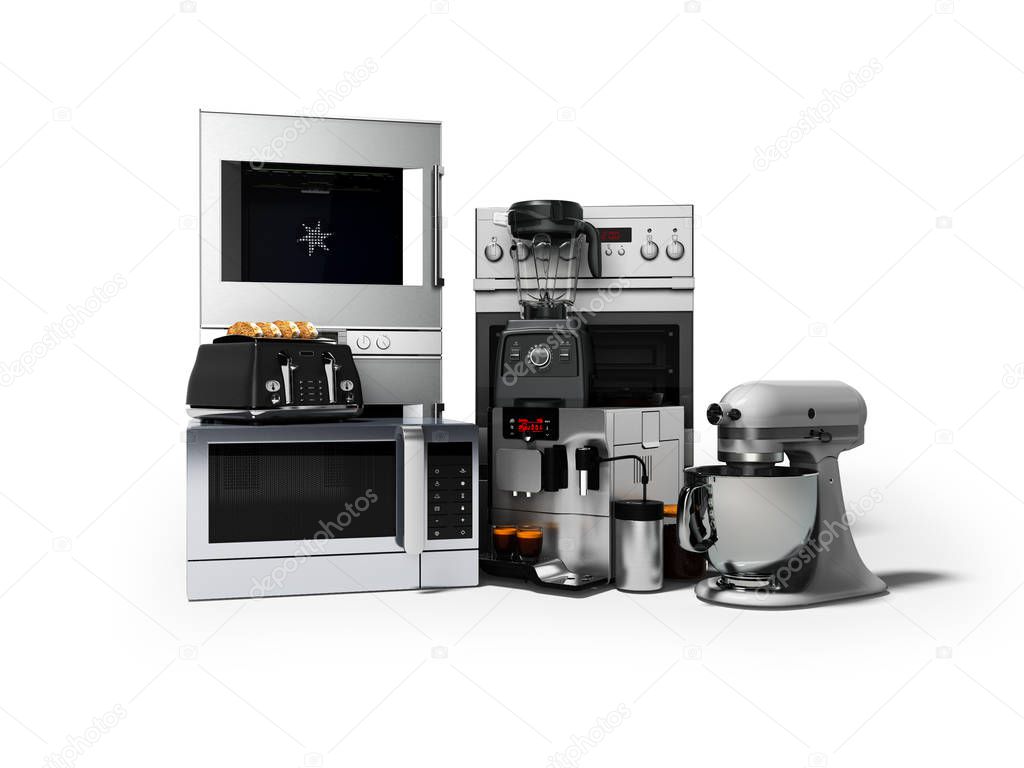 Group of household appliances for kitchen toaster coffee maker microwave food processor blender 3d render on white background with shadow
