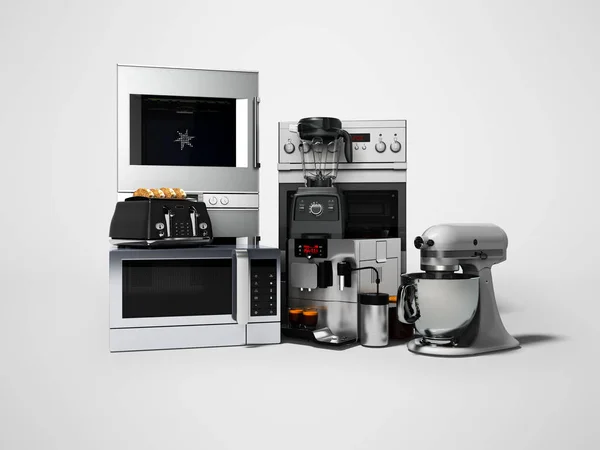 Ev aletleri mutfak ekmek kızartma makinesi kahve makinesi mikrodalga mutfak robotu blender 3d render gölge ile gri arka plan üzerinde için Grup