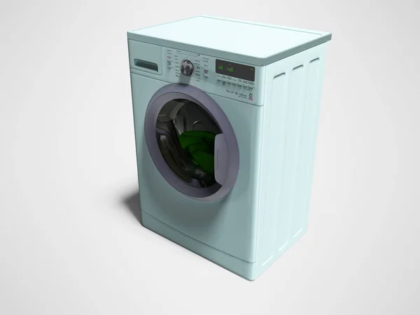 Modern Blå Tvättmaskin Med Saker Vatten Render Grå Bakgrund Med — Stockfoto