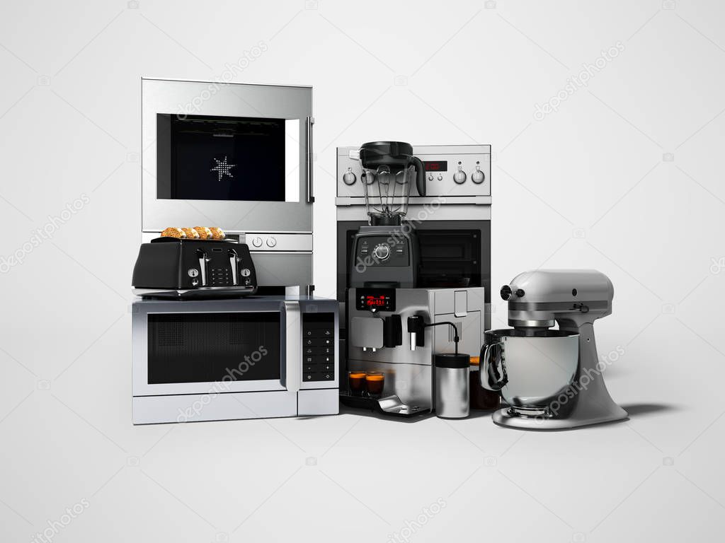 Group of household appliances for kitchen toaster coffee maker microwave food processor blender 3d render on gray background with shadow