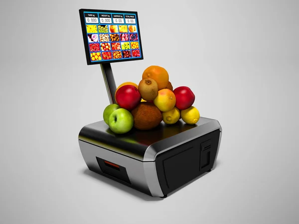 Šedá pokladní s cashback monitor pro nákup ovoce levá strana 3d — Stock fotografie