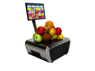 Gri kasiyer cashback İzleyicisi ile 3d sol tarafta meyve satın almak için
