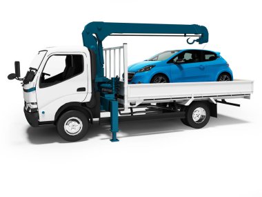 Modern white tow truck with blue crane with loaded car in traile clipart