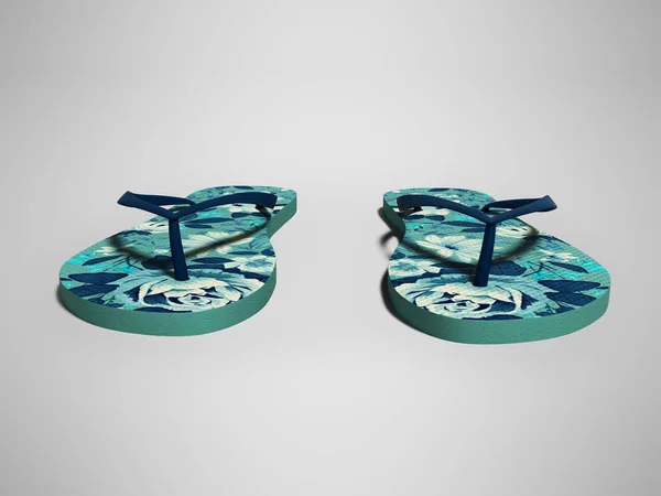 Blauwe strand slippers vooraanzicht 3d render op grijze achtergrond met — Stockfoto