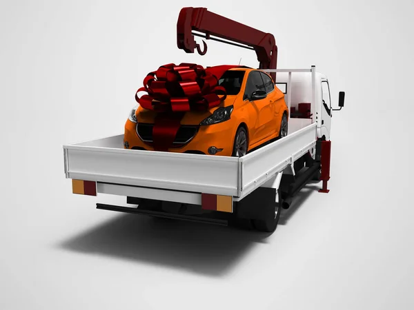 Moderne kleine vrachtwagen met auto als geschenk 3d render op grijze achtergrond — Stockfoto