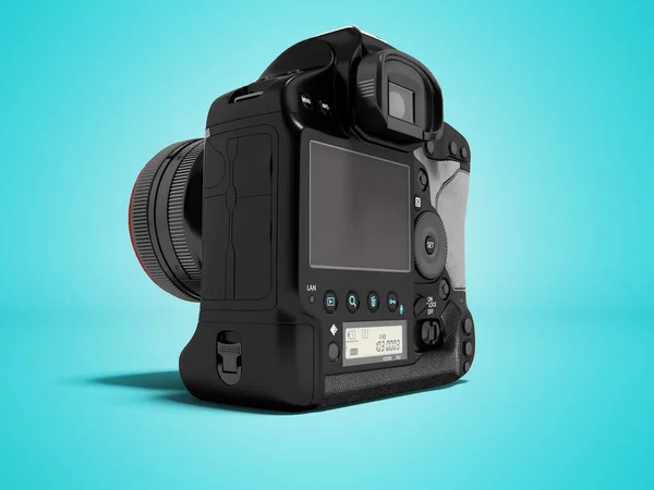 Nuevo negro profesional cámara de fotos vista trasera 3d renderizar en azul —  Fotos de Stock