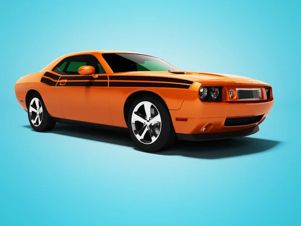 Pomarańczowy samochód dla podróży render 3d na niebieskim tle z cieniem — Zdjęcie stockowe