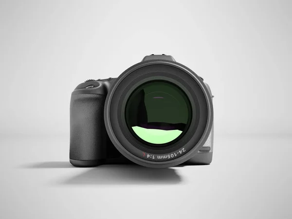 Nova câmera de zoom profissional vista frontal 3d renderizar em cinza backgr — Fotografia de Stock