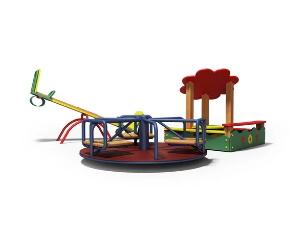 Zona de juegos moderna para niños con caja de arena y dos columpios 3d re — Foto de Stock