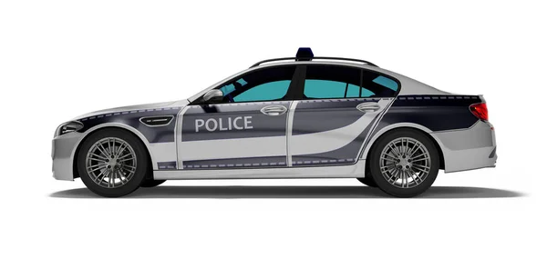 Modern police car with blue accents side view 3d render on white — Stock Photo, Image