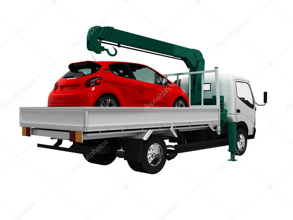 White tow truck with green crane is loaded with red car right si