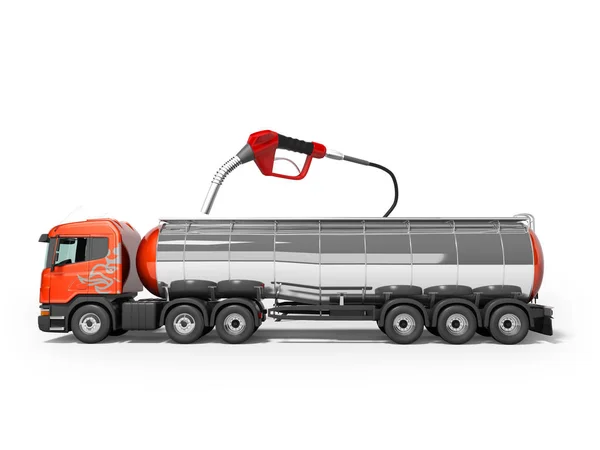 Concepto de repostaje de gasolina camión cisterna con combustible 3d render en whi — Foto de Stock
