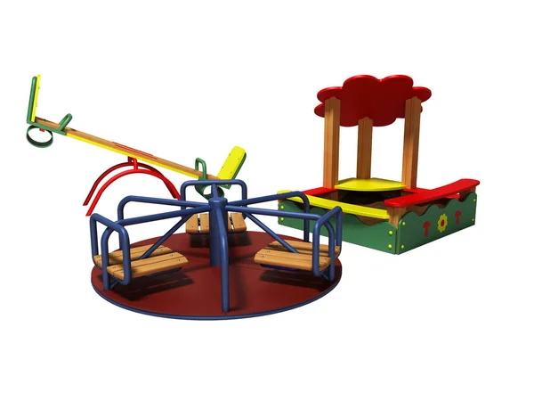 Сучасний ігровий майданчик для дітей з пісочницею та гойдалками 3d рендеринг — стокове фото