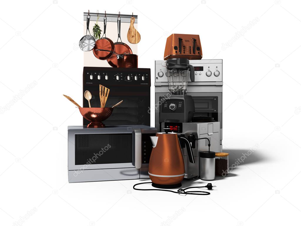 Set of household kitchen appliances isolated 3d render on white 