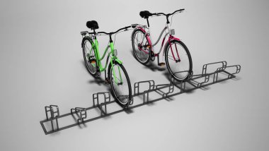 Gri arka plan müziği üzerinde yerel stop 3D render Bisiklet sürü ile Bisikletler