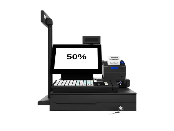 Cassiere grigio con monitor con funzione cashback 50 per cento quando — Foto Stock