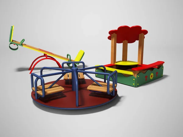 Nowoczesny plac zabaw dla dzieci z piaskownicą i huśtawkami render 3d — Zdjęcie stockowe