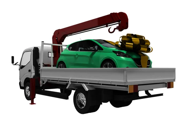 Witte sleepwagen met groene auto in de kofferbak als geschenk links weergave 3d — Stockfoto