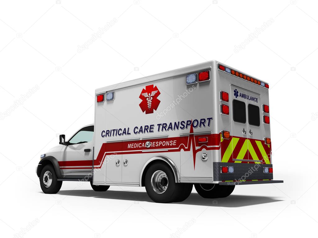 Ambulance white car rear view 3d render on white background with