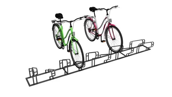 Велосипеды с велостоянкой местной остановки 3D рендеринг на белом фоне — стоковое фото