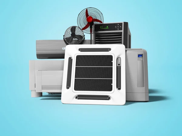 Skupina kancelářských chladicích zařízení ventilátor klimatizace 3D vykreslení na modrém pozadí se stínem — Stock fotografie