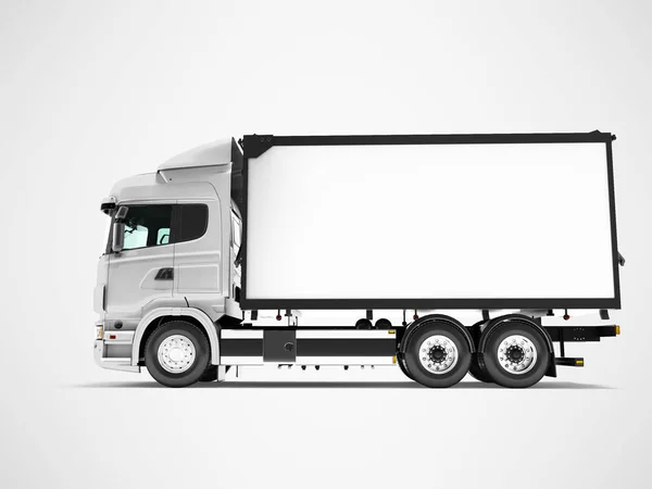 Біла вантажівка з причепом ізольований вид збоку 3d рендерингу на сірому ба — стокове фото
