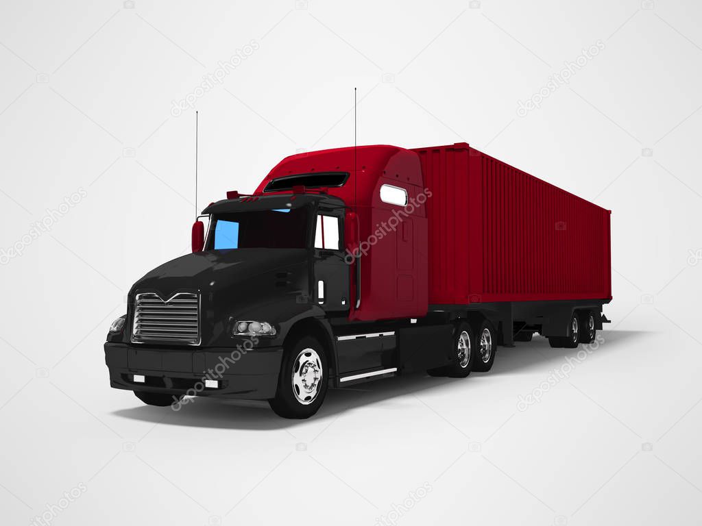 Black big truck with red trailer 3d render on gray background wi