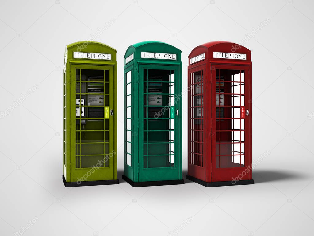 Telephone booth red green yellow 3d render on gray background wi