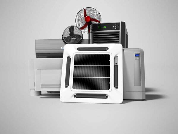 Group of office cooling equipment air conditioning fan 3d render