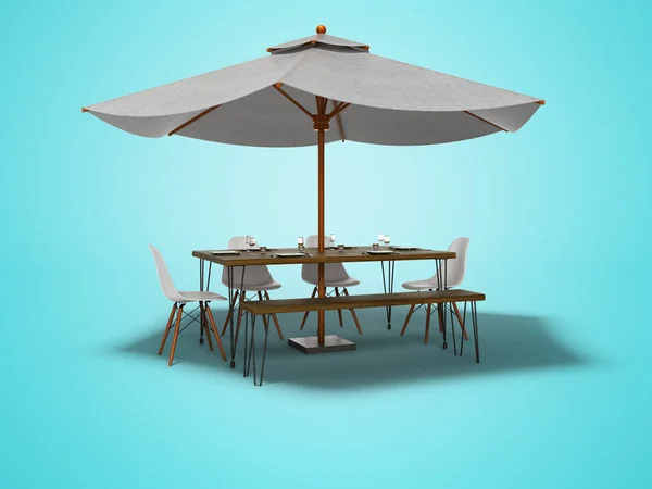 Guarda-chuva de restaurante de verão com mesa de madeira e cadeiras 3d renderizar no fundo azul com sombra — Fotografia de Stock