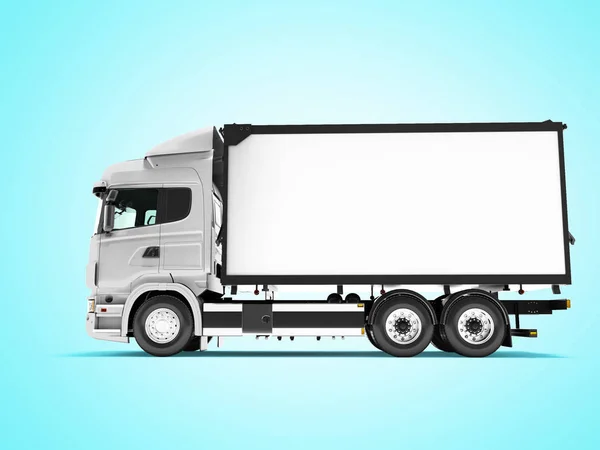 Camion bianco con rimorchio isolato vista laterale rendering 3d su sfondo blu con ombra — Foto Stock