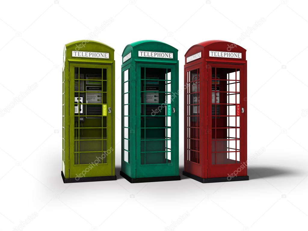 Telephone booth red green yellow 3d render on white background w
