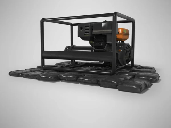 Generador diesel negro en las piedras 3d renderizar sobre fondo gris —  Fotos de Stock