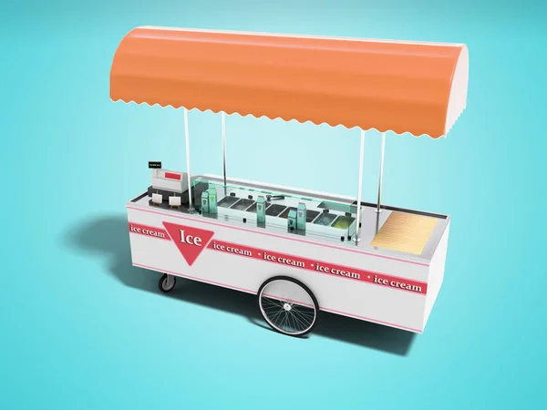 销售冰淇淋在便携式冰箱在车轮3d 渲染蓝色背景与阴影 — 图库照片
