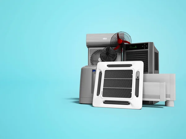 Концептуальный комплект оборудования для отопления и охлаждения помещений 3D рендеринга на синем фоне с тенью — стоковое фото