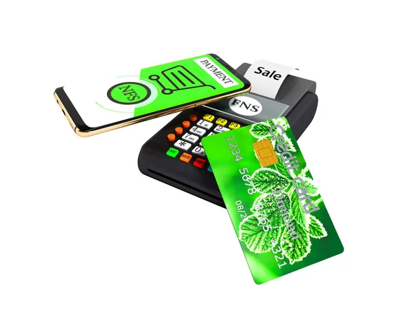 Pagamento Nfs per telefono con carta di credito verde su carta di pagamento POS - — Foto Stock