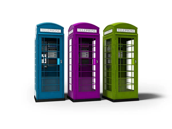 Three telephone booths for talking for money 3d render on white — Stock Photo, Image