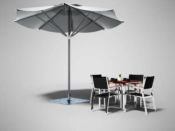 Concept cafe. Beach umbrella and table with chairs 3d render on
