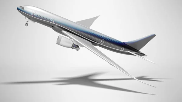 Passenger plane takes off side view 3d render on gray background